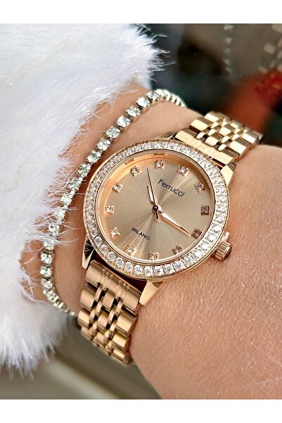 Ferrucci Rosegold Renk Taşlı Kasa Çelik Kordon Kadın Kol Saati + Bileklik Hed...
