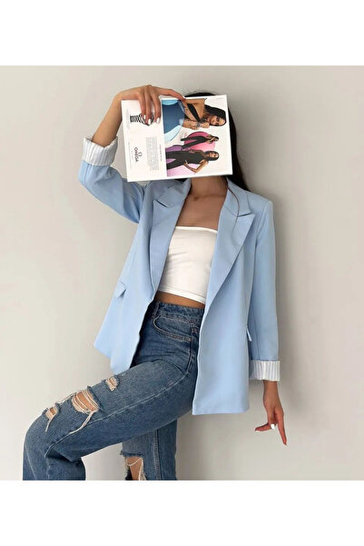 pembekurdelem Kadın Kolu Katlanabilir Astarı Çizgili Düğmesiz Blazer Ceket Mavi