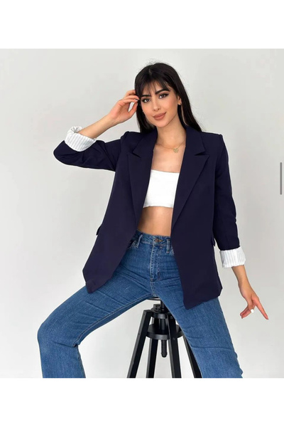 pembekurdelem Kadın Kolu Katlanabilir Astarı Çizgili Düğmesiz Blazer Ceket Lacivert