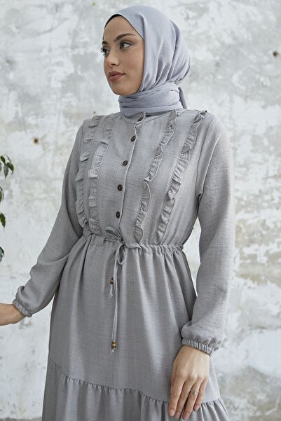 InStyle Frilly Detailed Buttoned Ayrobin Dress - Gray