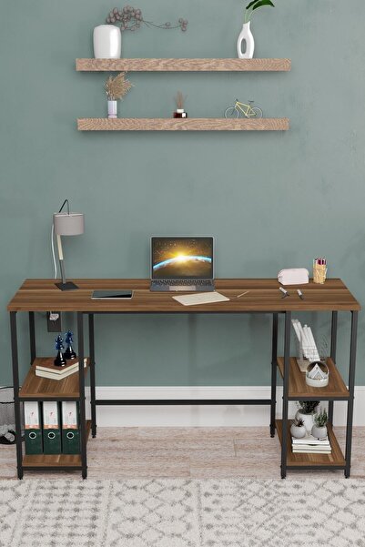 Durusilya Mobilya Metal Çalışma Bilgisayar Ofis Masası Kitaplıklı 140x50 Cm Ceviz Metal, One Size