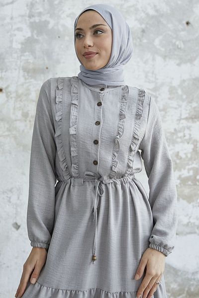 InStyle فستان أيروبين بأزرار وتفاصيل مكشكشة - رمادي