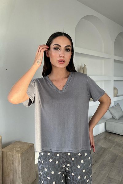 Seda Yalçın Atelier Gray V-Neck Short Sleeve Knitwear T-shirt