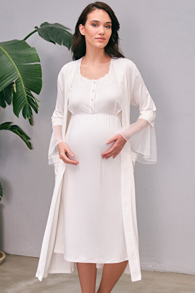 Genel Markalar Kadın Viskon Hamile Lohusa Dantelli Sabahlık ve Baskılı Önden Açılan Emzirme Uzun Gecelik Elbise Tak