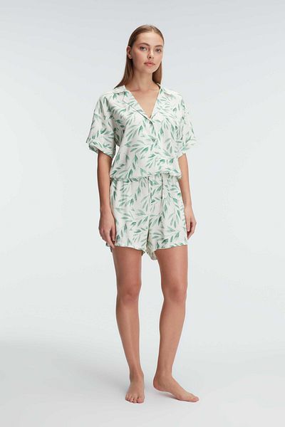 Anıl 9876 Home Wear Short Sleeve V-neck Women's Viscose Tropical Summer Knitted Regular Waist Mini Pajamas Set