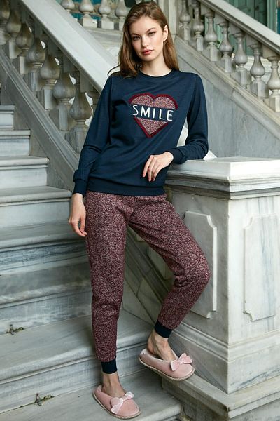 Anıl Women's Viscose Chest Embroidered Long Sleeve Sweatshirt and Trousers Pajama Set (9740)