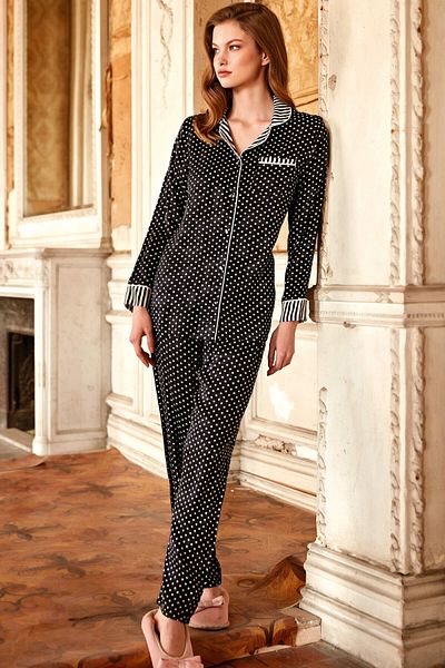 Anıl Women's Woven Viscose Polka Dot Buttoned Front Long Sleeve Shirt and Trousers Pajama Set (9751)
