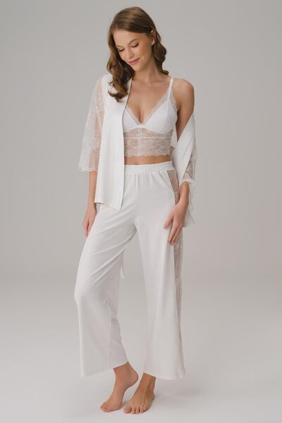 Anıl Dowry I?p Strappy V-neck Women's Plain Summer Long Lace Detailed Pajamas Set Dressing Gown Anil 5783