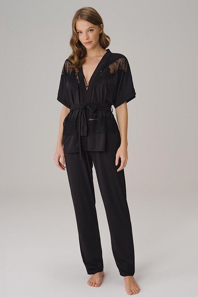 Anıl I?p Strap V-neck Women's Plain Summer Long Lace Detailed Pajamas Set Dressing Gown Anil 5779