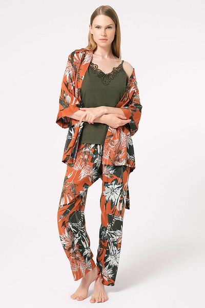Anıl 5795 Rope Strap V-Neck Viscose Flower Patterned Winter Knitted Normal Waist Embroidery Detailed Pajamas Set S
