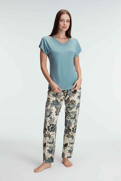 Anıl 9866 Set de pijamale de vară cu mâneci scurte, cu decolteu, cu imprimeu floral, din tul transparent