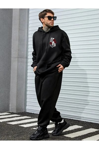 Modern Moda Черен мъжки анцуг с голям размер с щампа