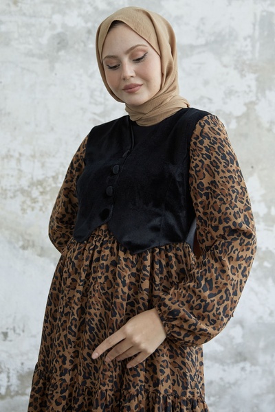 InStyle 2313 Muster Samt Chiffon Kleid mit Taschen - Braun