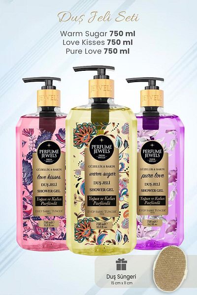 Eyüp Sabri Tuncer Shower Gel Set Warm Sugar, Love Kisses, Pure Love 750 ml and Shower Sponge
