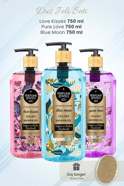 Eyüp Sabri Tuncer Shower Gel Set Love Kisses, Blue Moon, Pure Love 750 ml and Shower Sponge