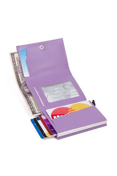 Newish Women's Leather Aluminum Mechanism Sliding Card Holder Wallet Purple with Paper Money Compartment (7,5x10cm)