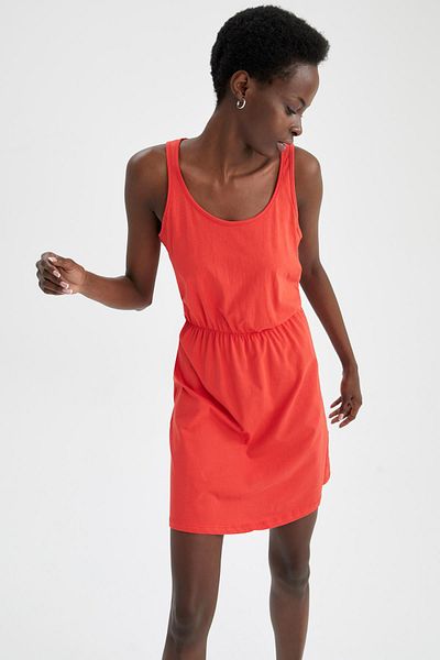 DeFacto Strappy Basic Gathered Waist Relax Fit Mini Summer 100% Cotton Dress T8056az22sm