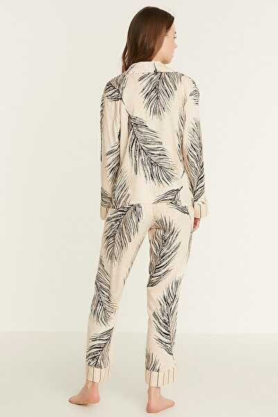 C&City Patterned Viscose Long Sleeve Shirt Pajama Set 9082 Cream