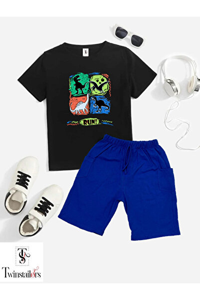 twins tailors Set pentru copii, cu imprimeu Dinosaur Run, negru-albastru, uni...