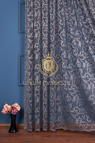 UTKUM EV TEKSTİL ÜRÜNLERİ Antrasit Örme Tül Perde Şal Desen 1155 1/3 Sık Pile