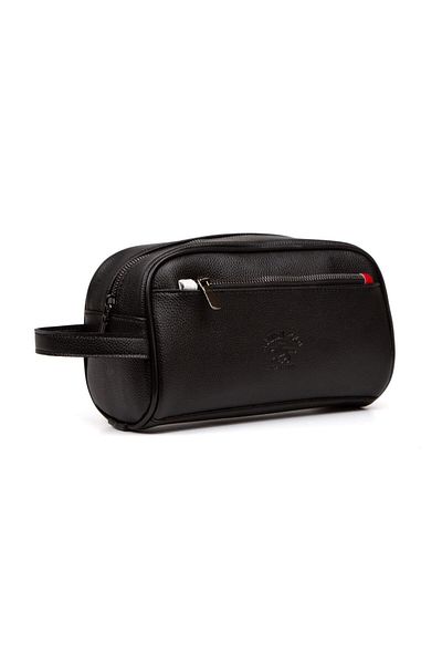 Newish Men's Black Vegan Leather Water Resistant Cosmetic Bag Hand Bag Personal Bag Daily