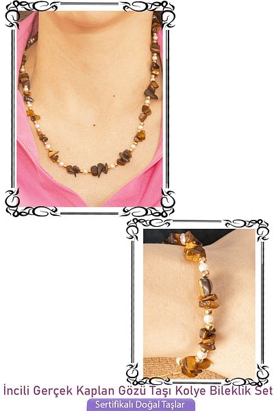Tesbih Atölyesi Certified Pearl and Tiger Eye Stone Natural Stone Necklace Bracelet Set