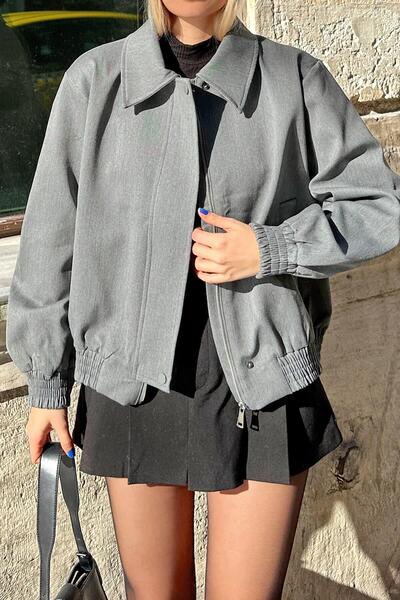 Swist Сіра габардинова куртка-бомбер на блискавці з коміром гомлеком