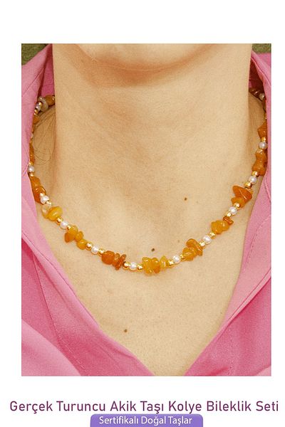 Tesbih Atölyesi Certified Natural Stone Necklace and Bracelet Set with Orange Pearls and Agate Stones
