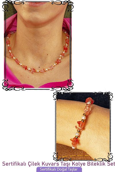 Tesbih Atölyesi Strawberry Patterned and Pearl Certified Quartz Stone Necklace and Bracelet Set