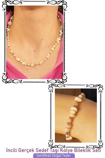 Tesbih Atölyesi Certified Pearl and Natural Mother of Pearl Natural Stone Necklace Bracelet Set