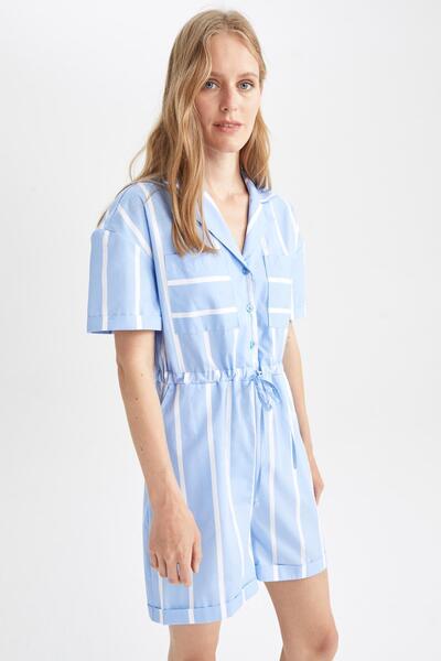 DeFacto Košilový límec pruhovaný popelín krátký rukáv kombinéza ze 100% bavlny X7010az22sm