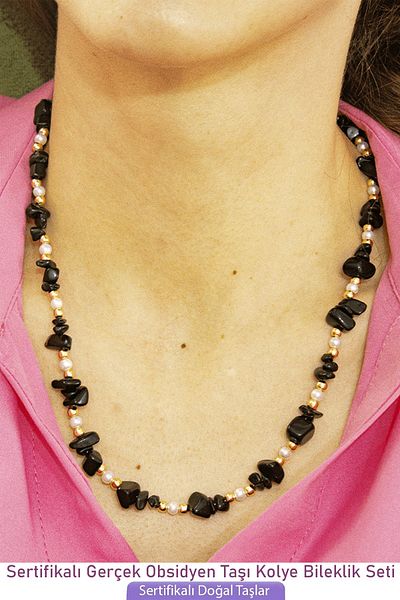 Tesbih Atölyesi Certified Black Obsidian Stone Natural Stone Necklace Bracelet Set with Pearls