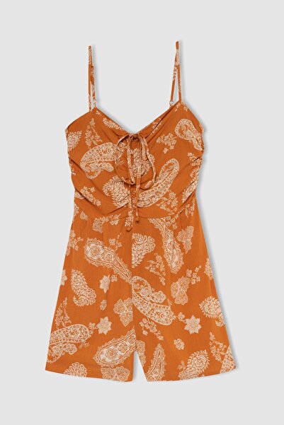 DeFacto Straight Fit Kare Yaka Etnik Desenli Krinkıl Kumaş Askılı Mini Tulum Y0984az22sm