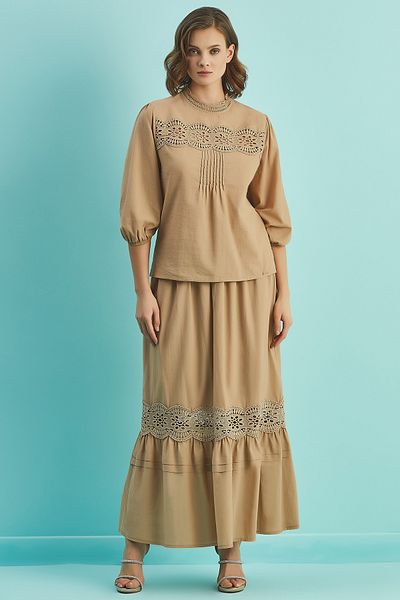 Guitar Καφέ Voile Μπλούζα με Μπαλόνι Μανίκια