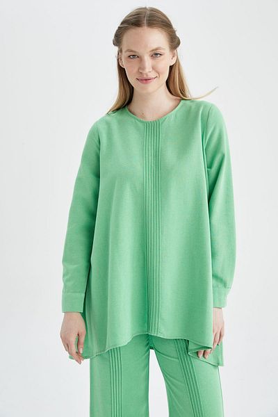 DeFacto A-line Crew Neck Linen Blended Long Sleeve Tunic Y8265az22sm