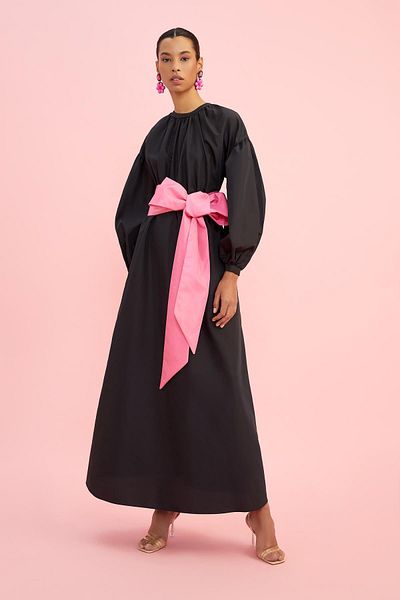 DeFacto Nihan Peker Design Crew Neck Balloon Long Sleeve Waist Sash Detailed Maxi Taffeta Dress Y3912az22sm
