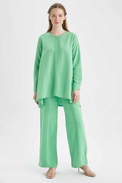 DeFacto A-line Crew Neck Linen Blended Long Sleeve Tunic Y8265az22sm