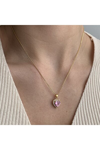 RM Bijuteri Gold Zirkon Taşlı Kalp Model Çelik Kolye