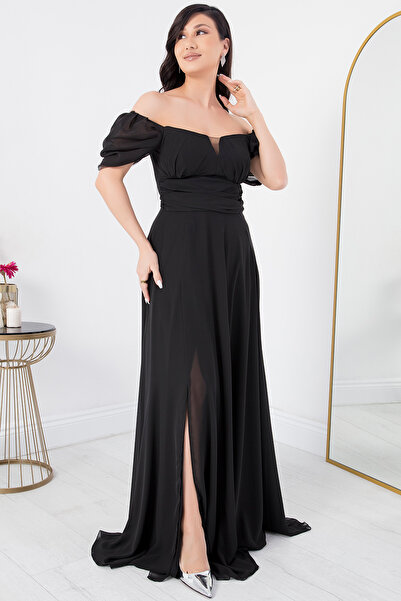 PULLIMM Straplez Yırtmaçlı Şifon Elbise DNS1591