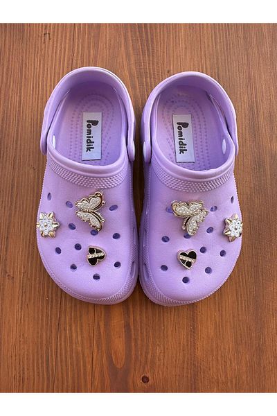 Pomidik Children's Butterfly Accessory Massage Sole Closed Front Eva Slippers Purple