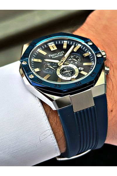 Ferrucci Navy Blue Color Silicone Cord Function Men's Wristwatch with Bracelet Gift