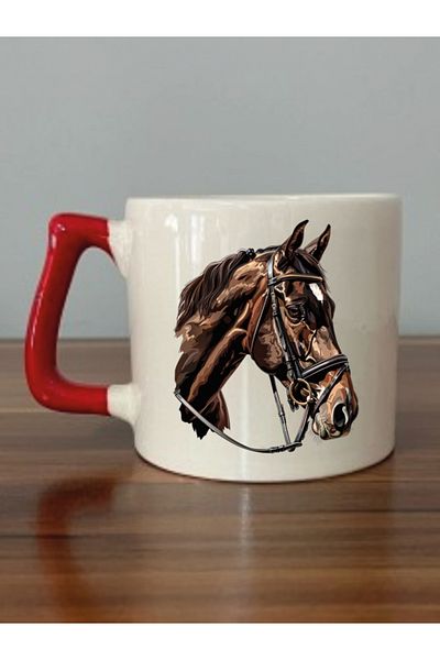 lili hediyelik Horse Head Themed Ceramic Tea and Coffee Cup with Red Handles