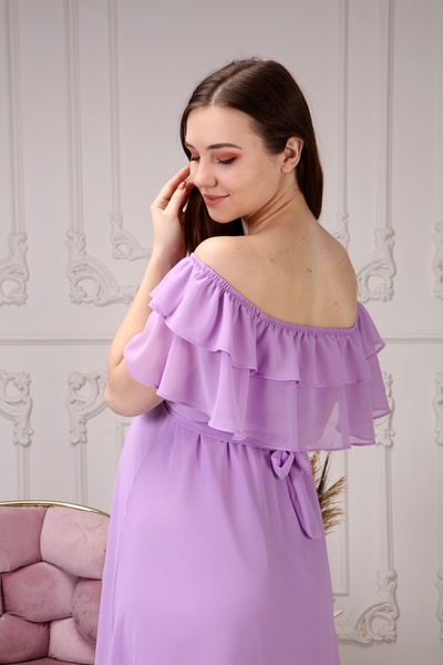 Azra Style Maternity Ruffle Neckline Belted Lilac Chiffon Dress 8000