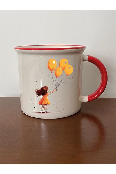 lili hediyelik Girl with Balloons Themed Red Mouth Mug - Ceramic Tea, Coffee Gift Cup