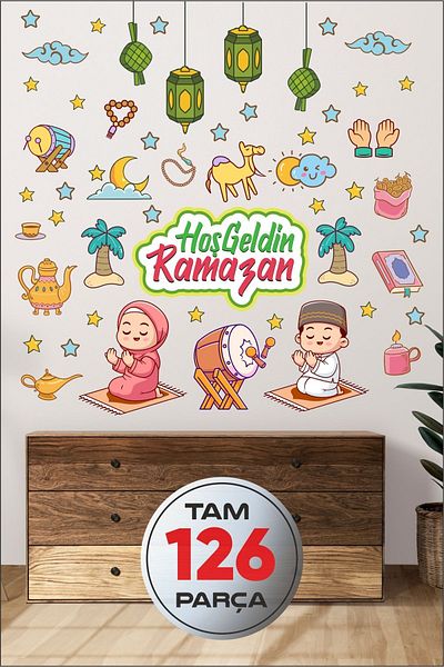 PANDA SOKAĞI Ramadan Bear Themed Ornament 126 Pieces, Ramadan Figures Sticker Set Ramadan Ornaments