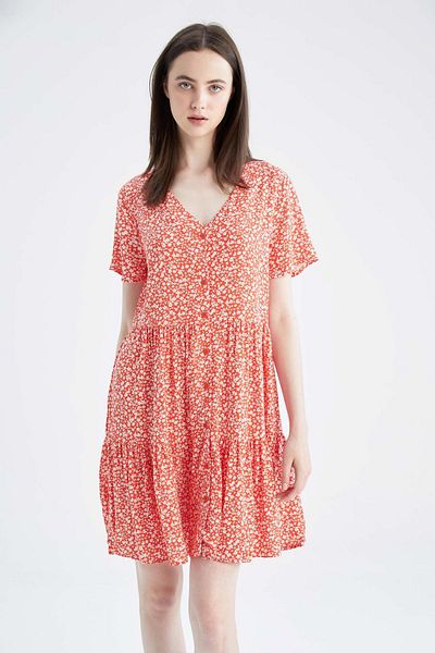 DeFacto V-Neck Floral Print Midi Dress - Short Sleeve T4046az22sm