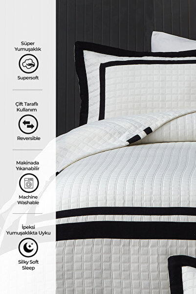 Evlen Home Collection Roma Jakarlı Çizgili Battal Yatak Örtüsü Çift Kişilik 5 Parça Krem Siyah Kırık Beyaz