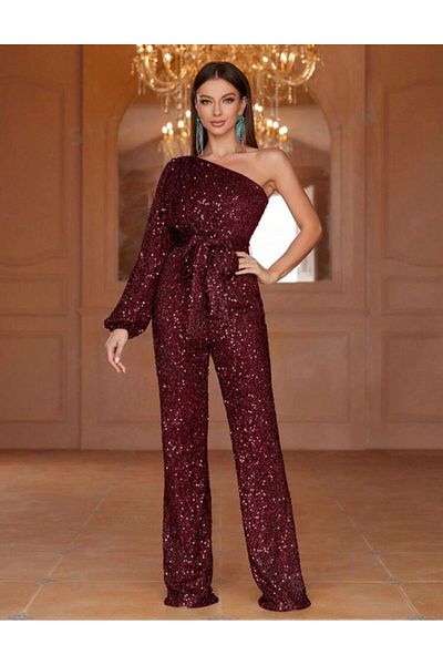 Styling Park One Sleeve One Shoulder Sequin Evening Dress Jumpsuit