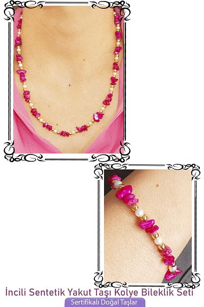 Tesbih Atölyesi Certified Pearl Synthetic Ruby Stone Natural Stone Necklace Bracelet Set