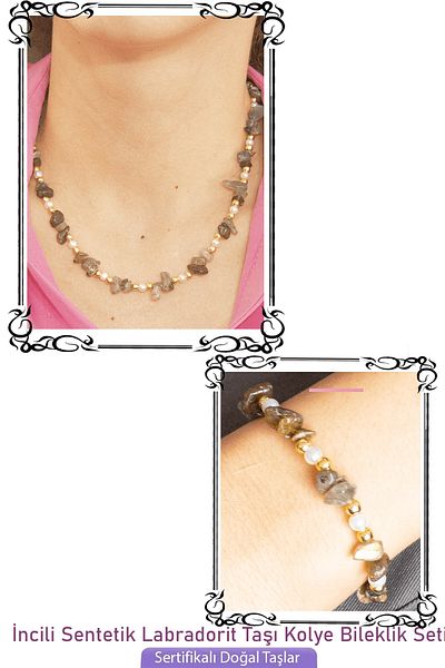Tesbih Atölyesi Certified Pearl Labradorite Gems Natural Stone Necklace Bracelet Set